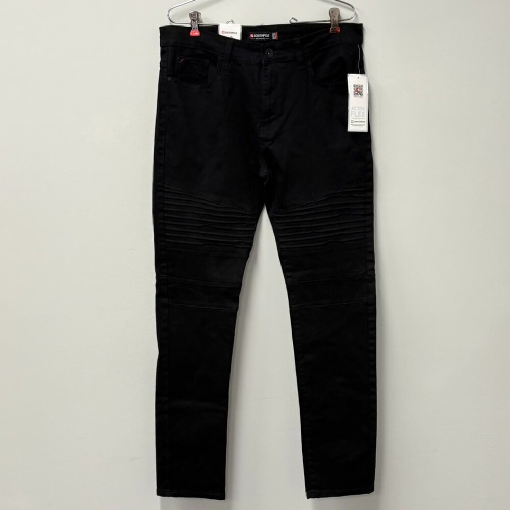 Southpole Mens Size 34x32 Black Stretch Biker Denim Skinny Pin-tuck detail Jeans